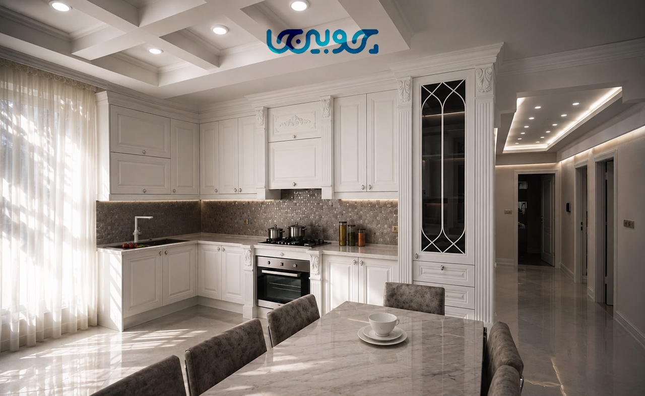 کابینت کلاسیک با سرستون و گل پی وی سی
