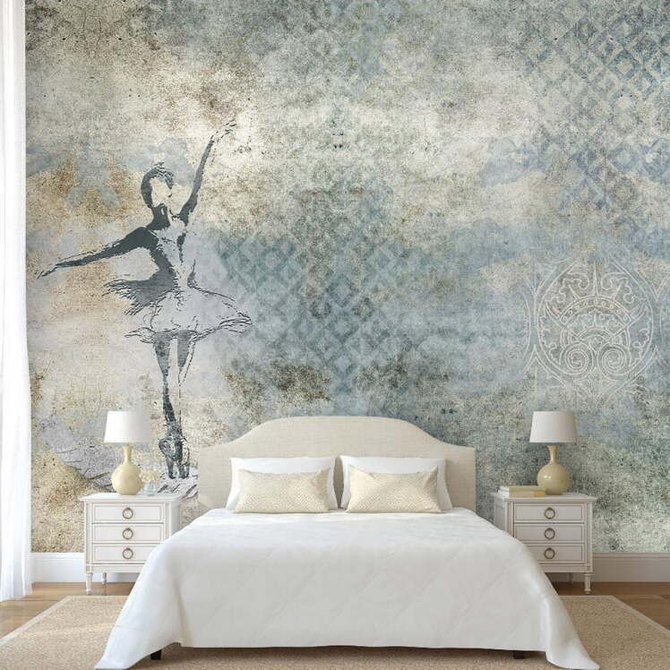 پوستر دیواری نقاشی محو شده از رقاص باله روی زمینه پتینه آبی طوسی